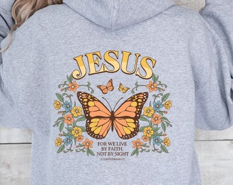 Jesus Hoodie Backprint, Floral Butterfly Hoodie, Christian Quote Hooded Sweatshirt, Flower Butterfly Longshirt, Oversized Religious Hoodie