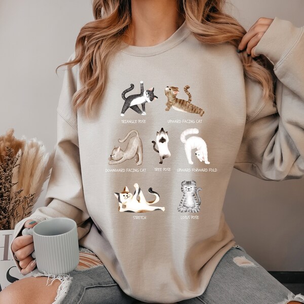 Cat Yoga Poses Sweater, Namaste Yoga Cat Sweatshirt, Cute Yogi Cat Longsleeve, Meditation Cat Crewneck, Cat Loving Yoga Mom Longshirt