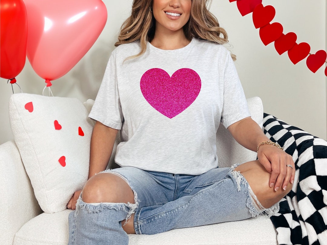 Glitter Heart Tshirt, Womans Valentine's Day Fake Glitter Heart Tshirt