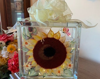 Hand Painted Sunflower, Butterfly, and Daisies Glass Block Light with Bow- Fairy Lamp, Night Light - Hand Painted and Signed by Me