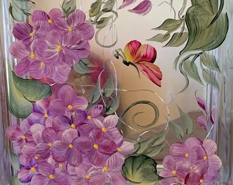 Hand Painted Hydrangea Glass Block Light with Butterfly and Pretty Bow - Signed by the Artist (Me) - Makes A Nice Gift!