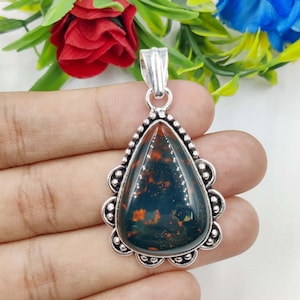 Red Bloodstone Pendant Pear Pendant 925 Sterling Silver Pendant Green Bloodstone Gemstone Pendant Bezel Pendant Long Pear Bloodstone Jewelry