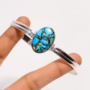 Brazalete de turquesa y cobre azul natural, plata de ley 925, ajustable, con piedras preciosas, hecho a mano, piedra de nacimiento de diciembre.