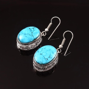 Beautiful Turquoise 925 Sterling Silver Earrings | Boho Dangle Drop Earrings | Handmade Gemstone Jewelry | Vintage Style Gift for Her