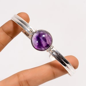 Amethyst Sterling Silver Bangle: Adjustable Boho Gemstone Bracelet