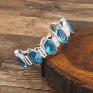 Hydro Aquamarine 925 Sterling Silver Bracelet – Oval Gemstone Bracelet – Vintage Silver Jewelry for Women – Adjustable Bracelet Gift