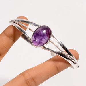 Amethyst Sterling Silver Bangle: Adjustable Boho Gemstone Bracelet