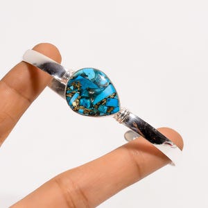 Brazalete de turquesa y cobre azul natural, plata de ley 925, ajustable, con piedras preciosas, hecho a mano, piedra de nacimiento de diciembre.