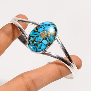 Brazalete de turquesa y cobre azul natural, plata de ley 925, ajustable, con piedras preciosas, hecho a mano, piedra de nacimiento de diciembre.