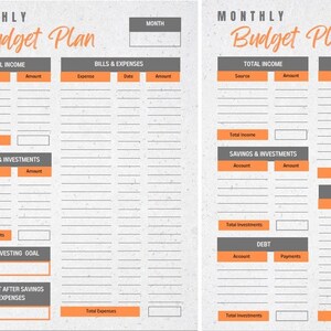 May include: A printable budget planner with two pages. The pages are divided into sections for total income, bills and expenses, fixed expenses, savings and investments, debt, and other expenses. The planner is designed to help people track their finances and create a budget.