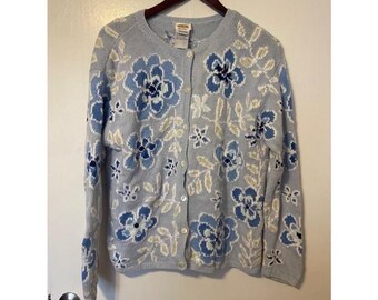 Vintage mano punto Talbots azul floral botón cardigan suéter tamaño grande