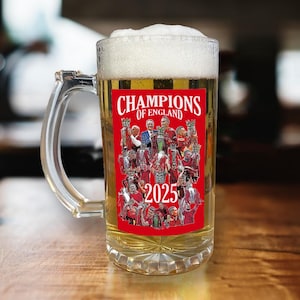 Kingsbox-Champions von England 2025 Design 2 Bierglas Top-Qualitätsgeschenk 16 Unze 16oz italienisches Meister-Bierkrug-Fangeschenk