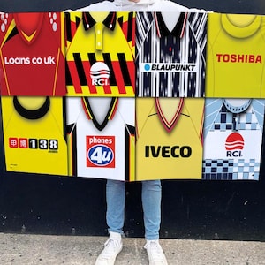 Watford Retro Shirt Montage Football Flag High Quality 5ftx3ft Watford Flag For Fans Man Cave Classic Kits