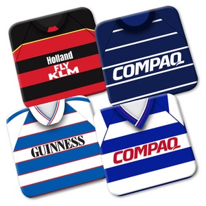 QPR Kit di magliette retrò Confezione da 4 sottobicchieri stampati in cartone rigido Ottimo regalo Regali di calcio Queens Park