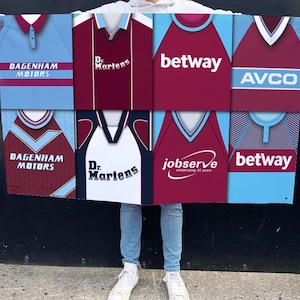 West Ham Retro Shirt Montage Football Flag High Quality 5ft x3ft West Ham Flag For Hammers Fans Man Cave Classic Kits