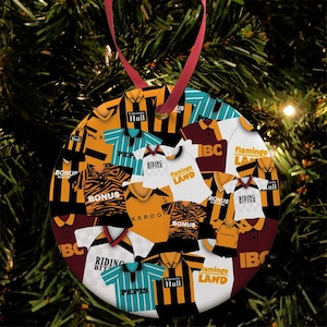 Kit de camiseta retro Mash del Hull City, adorno para árbol de Navidad, adorno de cerámica plano, gran regalo de Navidad, regalos de fútbol impresos en el Reino Unido