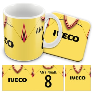Watford Retro Shirt Kit Personalised Mug Cup And Coaster Set Choice Of Shirts Add Any Name & Number