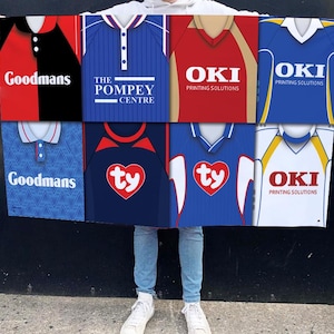 Portsmouth Retro Shirt Montage Football Flag High Quality 5ft x3ft Portsmouth Flag For Fans Man Cave Classic Kits