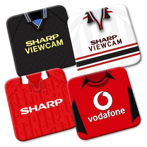 Man Utd Set 2 Retro Shirts Kits 4 Pack Of Printed Hardboard Coasters Great Gift Football Gifts