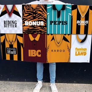 Hull City Retro Shirt Montage Football Flag High Quality 5ft x3ft Hull City Retro Flag For Fans Man Cave Classic Kits