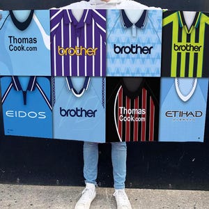 Man City Retro Shirt Montage Fußballflagge Hohe Qualität 5 ft x 3ft Manchester Flagge für City Fans Man Cave Classic Kits