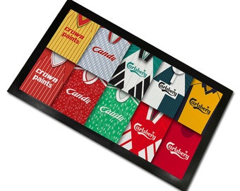 Kit de maillots rétro Liverpool Classic Domicile et extérieur Tapis de bar montage Un excellent cadeau de Noël imprimé au Royaume-Uni Cadeaux de football