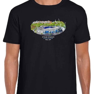 Man City Around The Grounds Etihad Stadium Water Colour Black T-Shirt | Great Gift For City Fans | Adults & Kids Sizes | Football Gifts