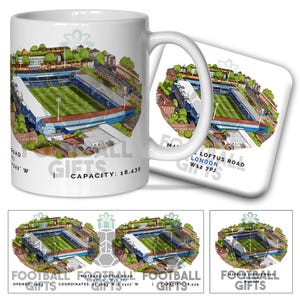 QPR Around The Grounds Loftus Road Set di tazze e sottobicchieri ad acquerello Tazza di qualità Ottimo regalo di Natale Queens Park Rangers Non ufficiale