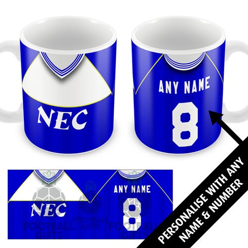 Everton 1985 Retro Home Shirt Kit Tasse personnalisée Grand cadeau de Noël United Ajouter n’importe quel nom et numéro