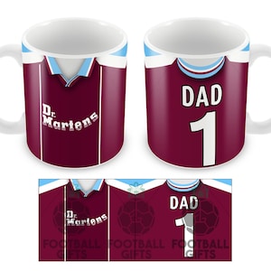 No.1 Dad West Ham Retro Home 1999 Shirt Mug Fathers Day Cup Top Quality Great Gift Hammers Utd