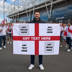 May include: A white flag with a red cross design and spaces for images and text. The flag reads "ANY TEXT HERE". A man is holding the flag in front of a crowd of people, likely at a sporting event.