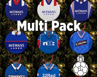 Rangers Retro Home & Away Shirts Classic Kits Christmas Tree Decoration Bauble Flat Ceramic | Gers | Multi Pack of 4 or 8 |