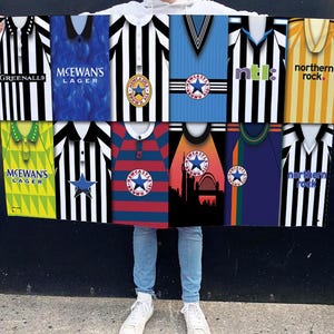 Newcastle Retro Shirt Montage Football Flag High Quality 5ft x3ft Newcastle Utd Flag For Toon Army Fans Man Cave Classic Kits