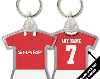 Llavero personalizado con la camiseta retro del Manchester United de local de 1992. Ideal como regalo de Navidad. Añade cualquier nombre y número.