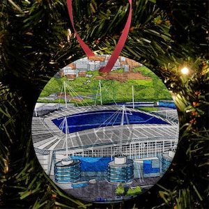 Man City Around The Grounds Etihad Stadium Water Colour Christmas Tree Decoration Bauble Flat Ceramic Great Xmas Gift For City Fans