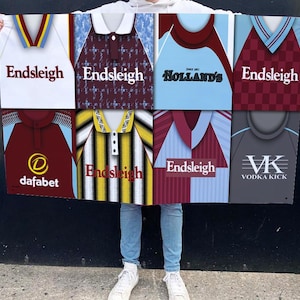 Burnley Retro Shirt Montage Fußballflagge Hochwertige 5 ft x 3ft Burnley Flagge für Fans Man Cave Classic Kits