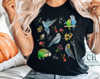 Parakeet Shirt With Native Flowers, Cottagecore Budgie Tee, Bird Lady Gift For Bird Lover, Bird Mama Tee For Mom Birthday, Bird Lady Tee