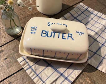 Hand made, handpainted butter dish, shout out to a vintage creamy butter pack in chunky ironstone style.