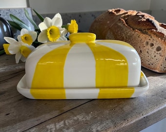 Bring the joy of the big top to your breakfast table with this handmade, handpainted whimsy yellow circus inspired butter dish.