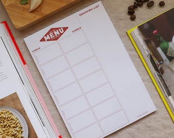Agenda per la pianificazione dei pasti formato A5 / Carta riciclata al 100% / Design retrò da tavola calda / Lista della spesa staccabile