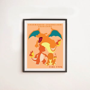 May include: A framed print featuring a cartoon illustration of Charmander, Charmeleon, and Charizard, the fire-type Pokemon. The text "CHARMANDER CHARMELEON CHARIZARD FIRE TYPE" is printed below the image.