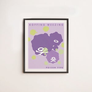 Peut inclure: Une affiche encadrée avec une illustration violette et verte des Pokémon Koffing et Weezing. Le texte "Koffing Weezing" et "Poison Type" est imprimé sur l'affiche.