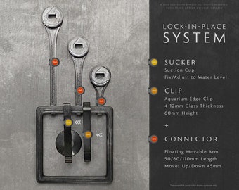 Lock-In-Place System for Fish Tank Portals and Feeding Rings - Aquarium Edge Clip or Suction Cup / Sucker and Floating Arm Ring Connector