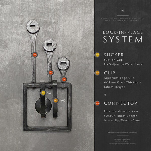 Lock-In-Place System for Fish Tank Portals and Feeding Rings - Aquarium Edge Clip or Suction Cup / Sucker and Floating Arm Ring Connector