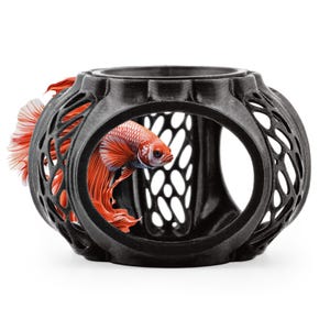 Black Betta Lair swim-through aquarium cave hideout, product image with betta fish exploring the hide.