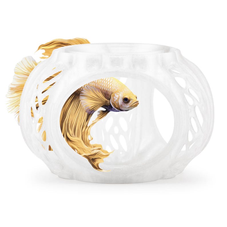 Clear White Betta Lair hide in aquarium scene with betta fish demonstrating swimming openings.
