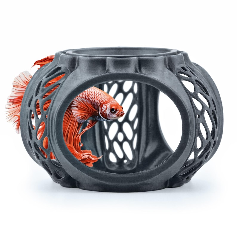 Large Anthracite Grey Betta Lair aquarium hideout on white background showing betta exploring the play-ground and openings.