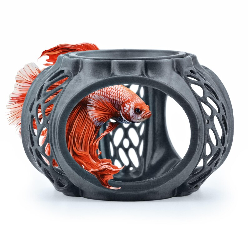 Anthracite Grey Betta Lair aquarium betta cave with red betta fish insert, swim-through tank decor.