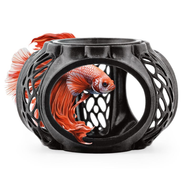 Black Betta Lair aquarium hide and play with shrimp feeding dish, product shot on white.