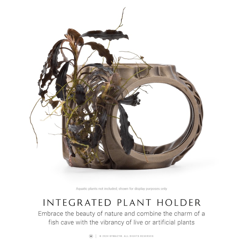 Integrated plant holder detail on the Betta Lair aquarium cave hideout, close-up product image.